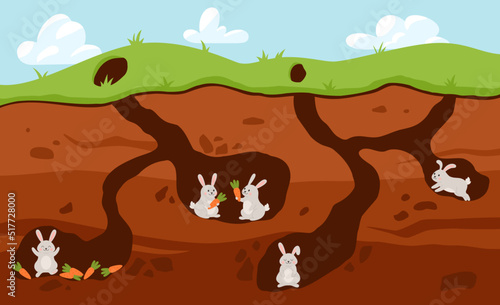 Rabbit family living underground in holes, cartoon flat vector illustration.