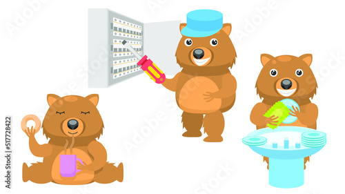 Set Abstract Collection Flat Cartoon Different Animal Wombats Drinking Tea With Donut, Washing Dishes In The Sink, Electrician Working At The Switchboard Vector Design Fauna Wildlife