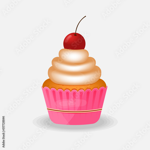 Vanilla cupcake with cream and cherry on isolated background vector illustration