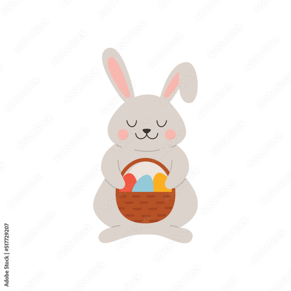 Fototapeta premium Smiling Easter bunny holding basket with painted eggs flat style, vector illustration