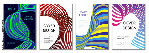 A set of 4 abstract covers. Wavy parallel gradient lines, ribbons evolve. Cover design, background. Trendy banner, poster.