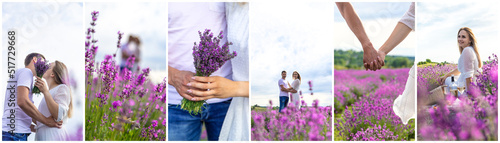Fototapeta Naklejka Na Ścianę i Meble -  Woman and man together in a lavender field collage. Selective focus.