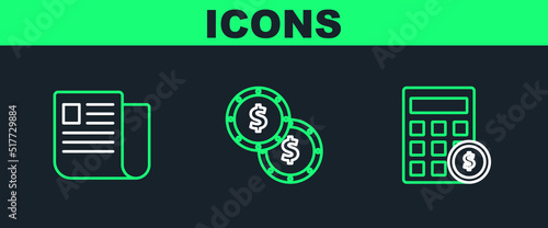 Set line Calculator with dollar symbol, File document and Coin money icon. Vector