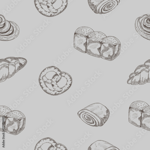 Bakery products. seamless pattern.Croissant, jam bun, bagel, hala, buns with poppy seeds. An illustration highlighted on a gray background.