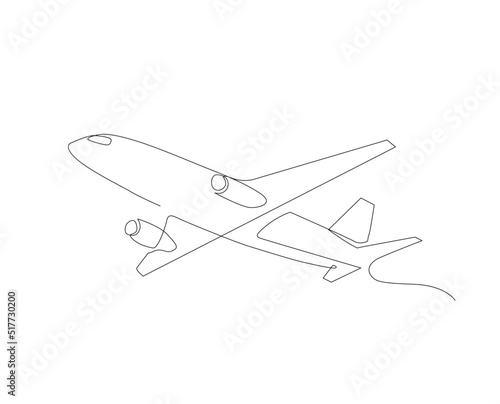 Continuous line drawing of airplane. Single one line art concept of plane flying from right to left.