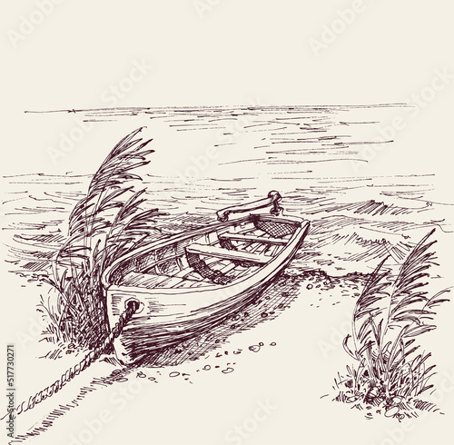 Empty wooden boat tied on sea shore hand drawing