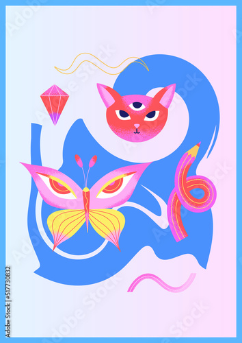 Colorful psychedelic poster with head of three-eyed cat, butterfly, pencil and abstract background blot. Contemporary Art. Blue and red colors. Vector illustration