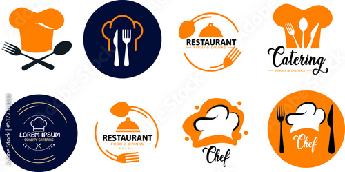 Cooking class Vintage modern elements, Kitchen emblems, symbols, icons, food studio labels, badges collection. Business signs template, logo, identity, culinary school labels, badges and objects.
