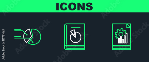Set line Document with graph chart, Pie infographic and User manual icon. Vector