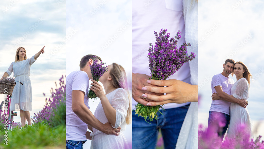 Naklejka premium Woman and man together in a lavender field collage. Selective focus.
