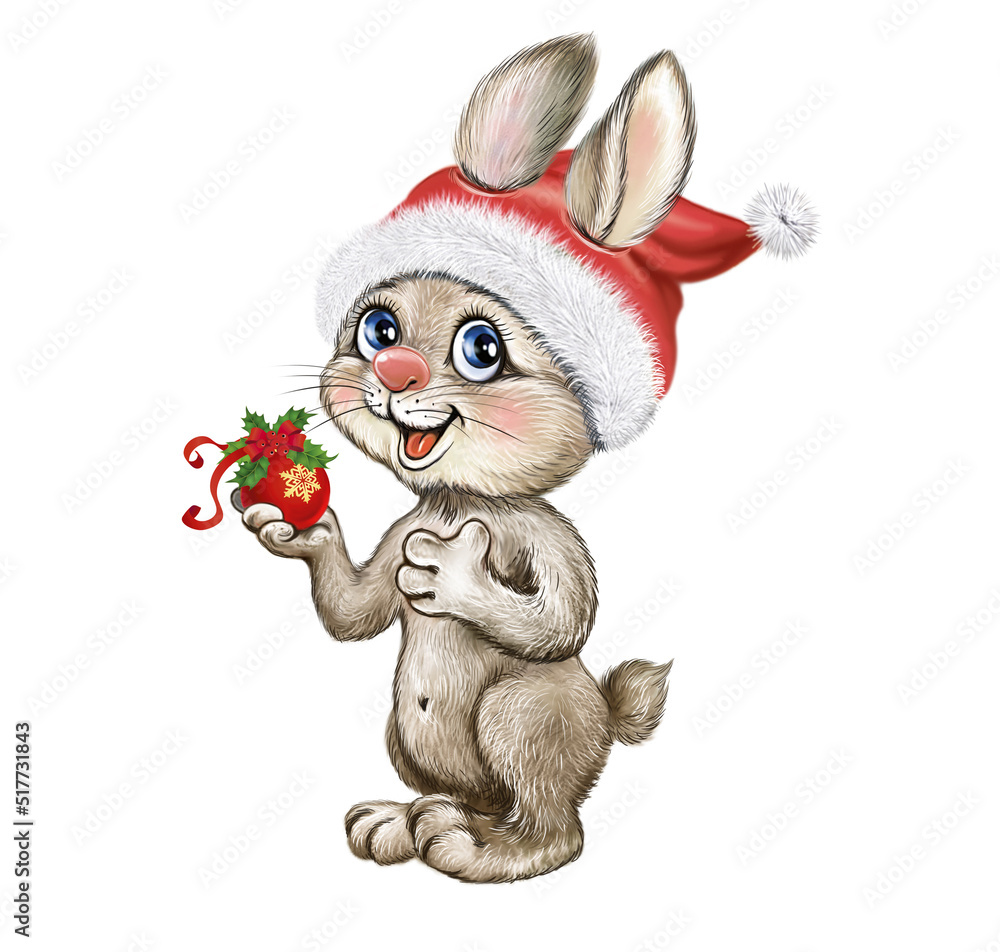 funny hare with a New Year's toy in Santa's hat funny hare with a New Year's toy in Santa's hat