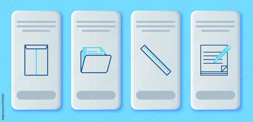 Set line Document folder, Ruler, Envelope and Blank notebook and pencil with eraser icon. Vector Set line Document folder, Ruler, Envelope and Blank notebook and pencil with eraser icon. Vector