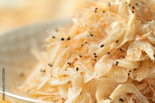 Seafood condiment dried shrimp skin on solid color background