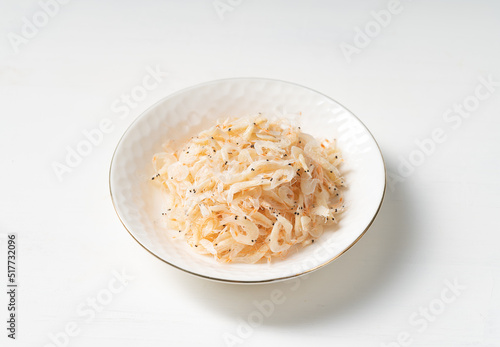 Seafood condiment dried shrimp skin on solid color background