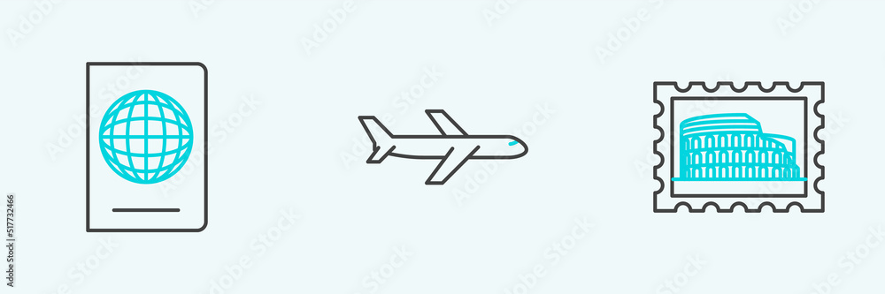 Set line Postal stamp and Coliseum, Passport with biometric data and Plane icon. Vector