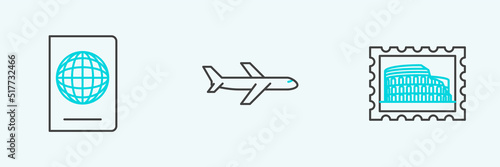 Set line Postal stamp and Coliseum, Passport with biometric data and Plane icon. Vector