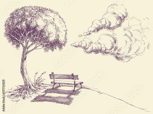 Park bench under a tree sketch. Summer clouds in the background