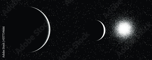 ,Star and planet in space. Futuristic landscape, with noise texture . Night landscape with starry sky .Vector illustration
