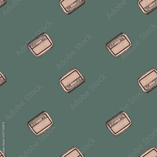 Retro radio engraved seamless pattern. Vintage media equipment in hand drawn style.