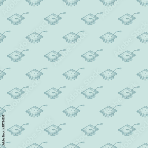 Graduate hats engraved seamless pattern. Vintage element education in hand drawn style.