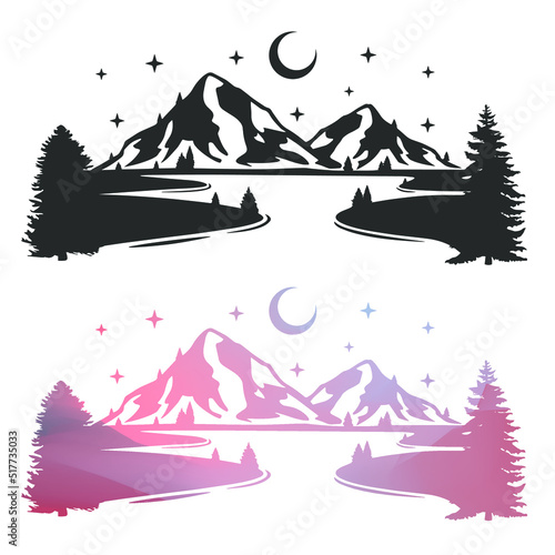Landmark Night Illustration Clip Art Design Shape. Starring Lake Silhouette Icon Vector.