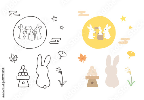 お月見をするうさぎの手描きイラスト（モノクロ＆カラー）