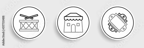Set line Ticket, Drum with drum sticks and Circus tent icon. Vector
