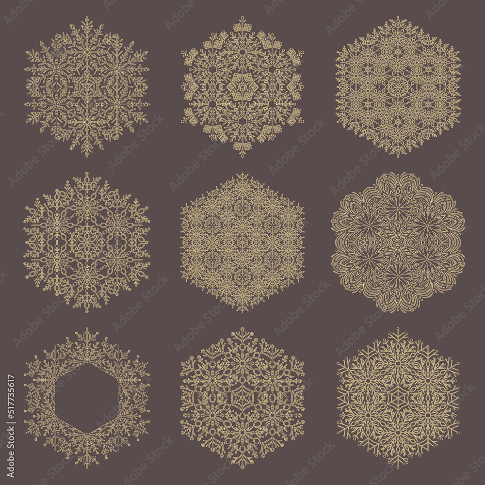 Set of vector snowflakes. Collection of brown and golden winter ornaments. Snowflakes collection. Snowflakes for backgrounds and designs Set of vector snowflakes. Collection of brown and golden winter ornaments. Snowflakes collection. Snowflakes for backgrounds and designs