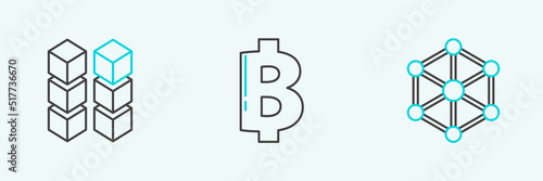 Set line Blockchain technology, and Cryptocurrency coin Bitcoin icon. Vector