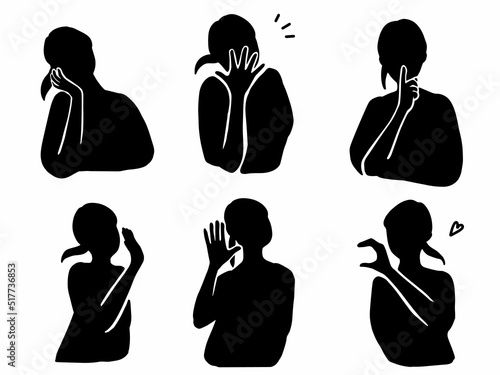 おしゃべりする女性のシルエットイラストセット　黒