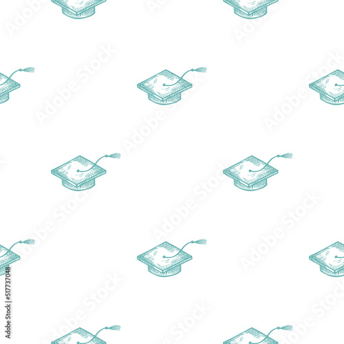 Graduate hats engraved seamless pattern. Vintage element education in hand drawn style.