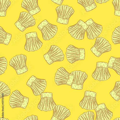 Chef hat engraved seamless pattern. Kitchen traditional element for cook in hand drawn style.