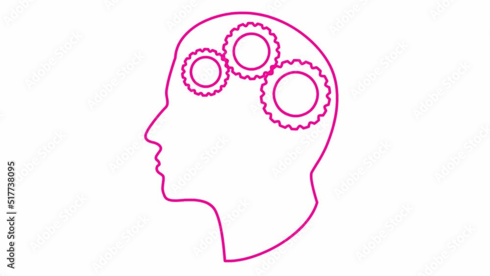 Animated line pink mechanism in the head with gears. Concept of idea, creativity, intellect, strategy, thinking, work, productivity. Looped video. Vector illustration isolated on white background. Animated line pink mechanism in the head with gears. Concept of idea, creativity, intellect, strategy, thinking, work, productivity. Looped video. Vector illustration isolated on white background.