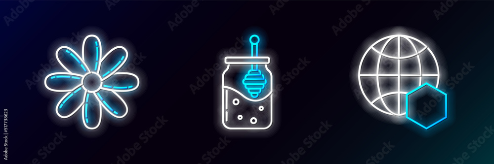 Set line Honeycomb map of the world, Flower and Jar honey and honey dipper stick icon. Glowing neon. Vector Set line Honeycomb map of the world, Flower and Jar honey and honey dipper stick icon. Glowing neon. Vector