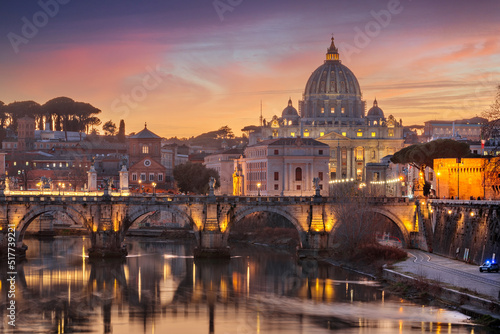 St. Peter's Basilica in Vatican City on the Tiber River through Rome, Italy