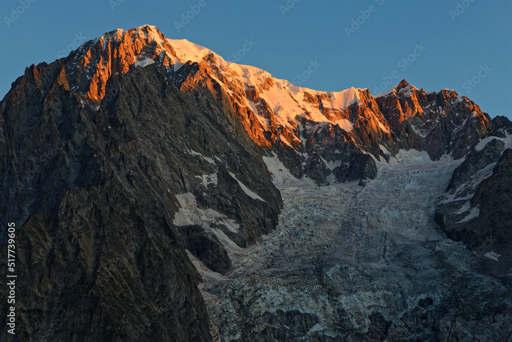 Sun rises on Mont-Blanc de Courtmayeur, the italian side of the famous European Mountain