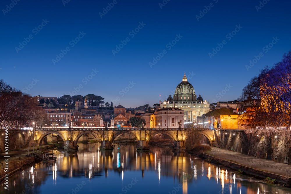 St. Peter's Basilica in Vatican City on the Tiber River through Rome, Italy