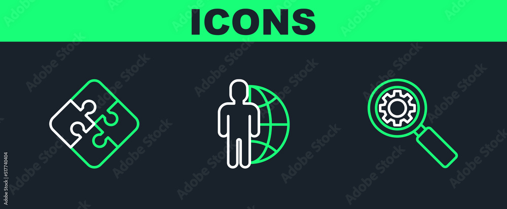 Set line Magnifying glass and gear, Piece of puzzle and Globe people icon. Vector Set line Magnifying glass and gear, Piece of puzzle and Globe people icon. Vector