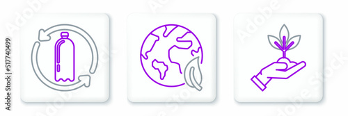 Set line Plant in hand of environmental protection, Recycling plastic bottle and Earth globe leaf icon. Vector