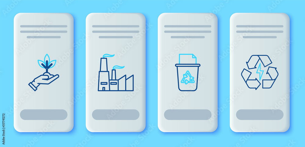 Set line Factory, Recycle bin with recycle symbol, Plant hand of environmental protection and Battery icon. Vector