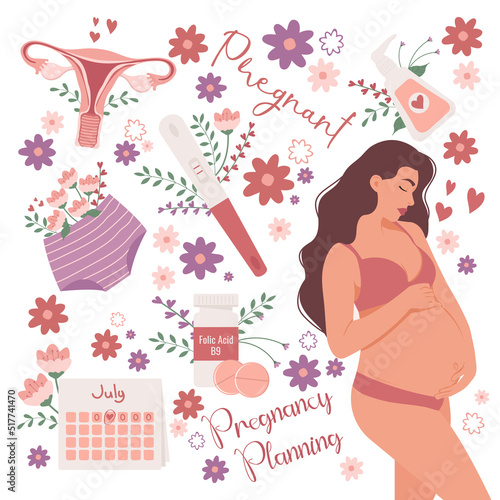 Concept of pregnancy and planning with items of feminine hygiene and health, uterus, pregnancy test, ovulation calendar. Vector