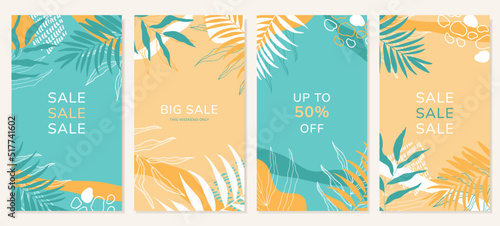 Trendy abstract summer templates with leaves for social media posts, mobile apps, banner design and online advertising. Vector backgrounds