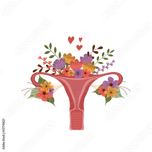 Vector abstract drawing of a healthy female uterus with flowers. Women's health concept, gynaecology, menstrual cycle, ovulation, planning, pregnancy.