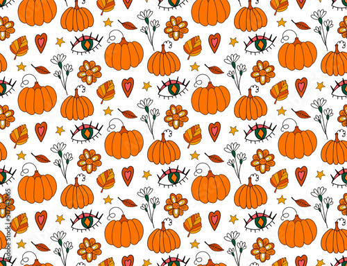Retro 70s autumn vibe, hippie psychedelic groovy pattern. Cartoon funky autumn texture. vector illustration. © Lucia Fox