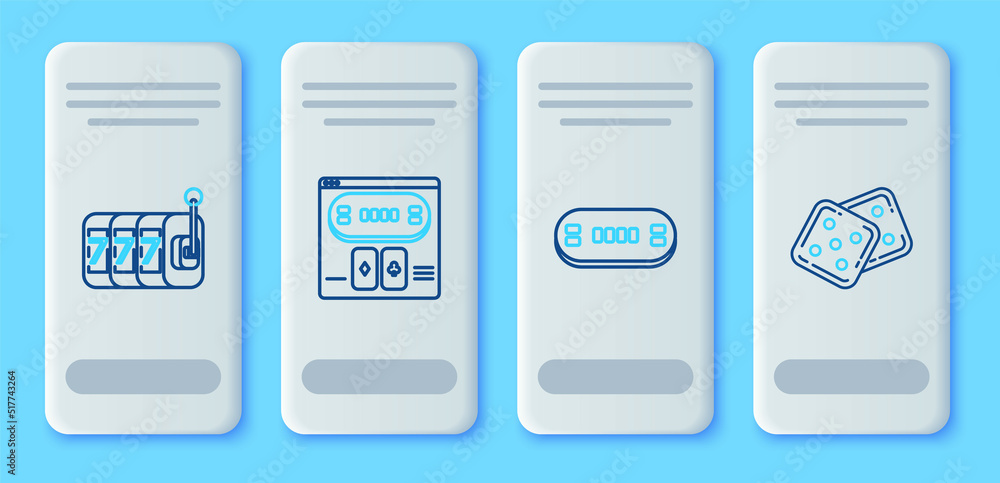 Set line Online poker table game, Poker, Slot machine with lucky sevens jackpot and Game dice icon. Vector Set line Online poker table game, Poker, Slot machine with lucky sevens jackpot and Game dice icon. Vector
