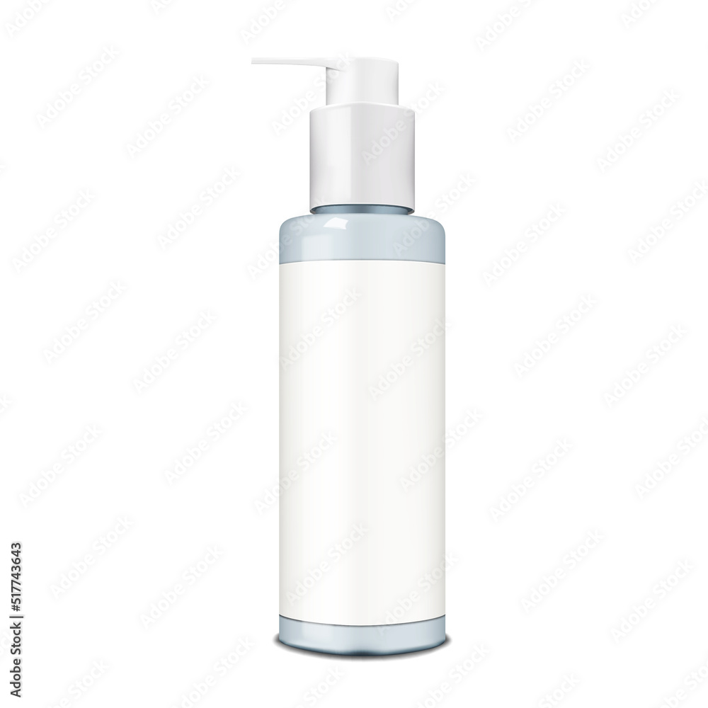 Cosmetic bottle with pump dispenser, fine tip applicator cap and white blank label realistic vector mockup. Template for design Cosmetic bottle with pump dispenser, fine tip applicator cap and white blank label realistic vector mockup. Template for design