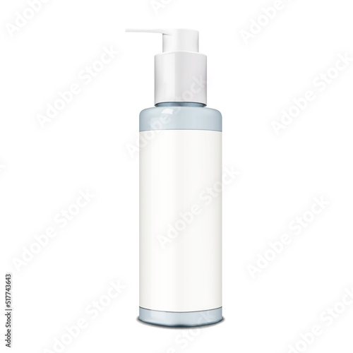 Cosmetic bottle with pump dispenser, fine tip applicator cap and white blank label realistic vector mockup. Template for design