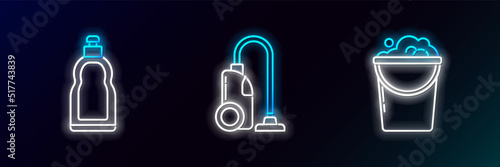 Set line Bucket with foam and bubbles, Plastic bottles for liquid dishwashing liquid and Vacuum cleaner icon. Glowing neon. Vector