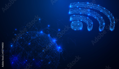 Abstract mesh line low poly of wifi icon signal isometric layout communication with blue digital 3D sphere shape technology design concept vector.