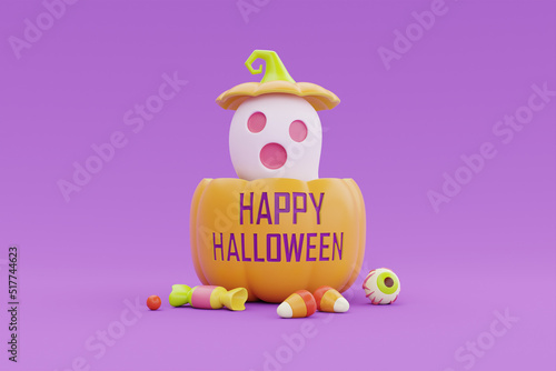 Happy Halloween with Jack-o-Lantern pumpkins, colorful candy and ghost on purple background, traditional october holiday, 3d rendering.